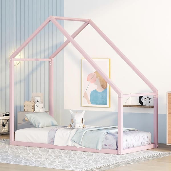 Harper & Bright Designs Pink Twin Size Metal House Bed Kids Bed