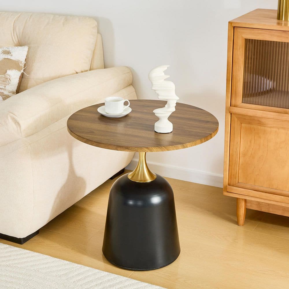 23.60 in. Modern Round Side Table, Walnut Top with Gold & Black Pedestal Base, Small MDF Coffee Table for Living Room