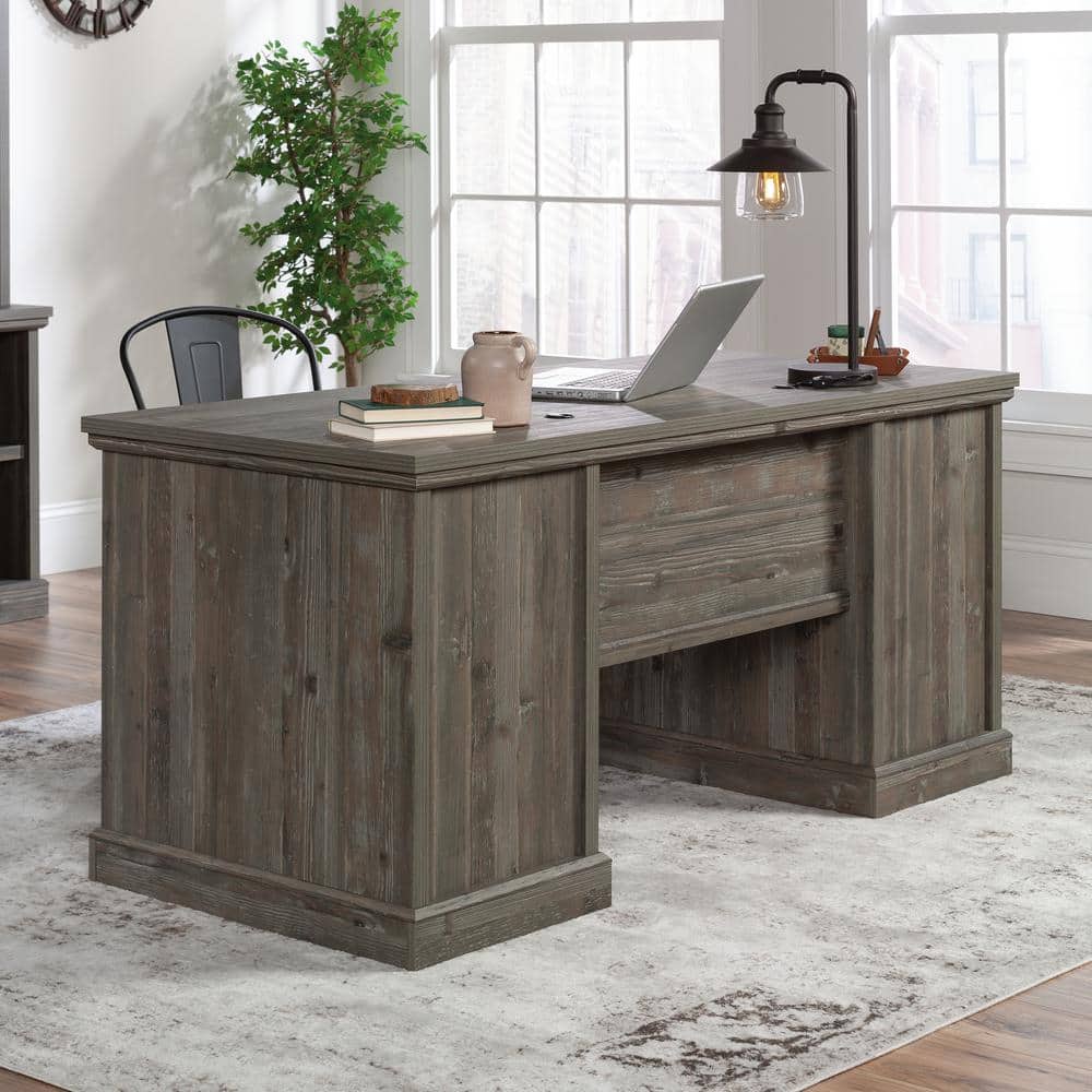 Aspen Post Pebble Pine Executive Desk with Dual Filing Cabinets