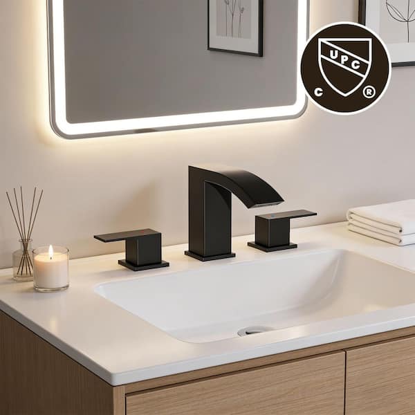 Curve Waterfall 8 in. Widespread 2-Handle Bathroom Faucet 3-Hole Bath Sink Faucet with Pop-Up Drain in Matte Black