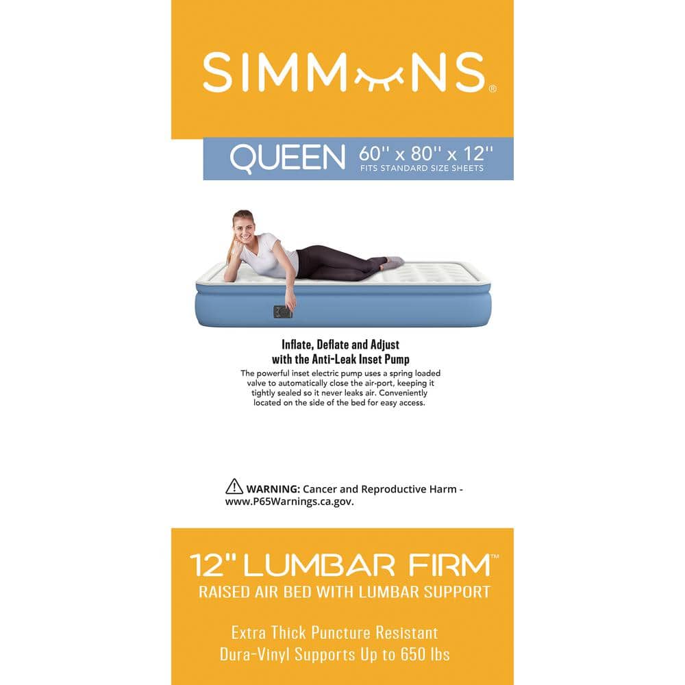 Queen White and Blue Raised Air Mattress with Built-in Pump