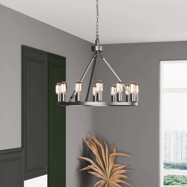 12-Light 24 in. Black Farmhouse Wagon Wheel Dimmable Chandeliers Dining Kitchen Ceiling Lights Foyer Bedroom Lighting