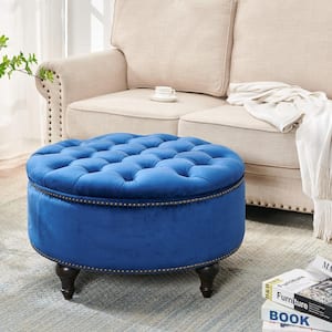SIDA 30 in. Round Storage Ottoman, Modern and Luxury Velvet Style, Nail Head Tufted Seating, Footrest Stool Bench, Blue