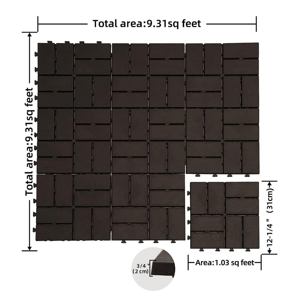 Brown 12"x12" Interlocking Waterproof Plastic Deck Tiles, 9-Pack