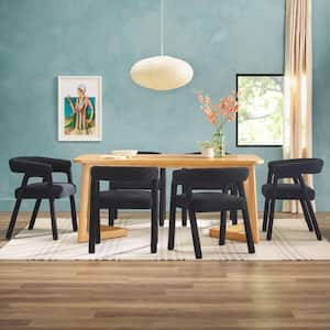 Modern 7-Piece Rectangle Natural Solid Wood Top Dining Room Set with Fully Upholstered Black Boucle Chairs, Seats-6