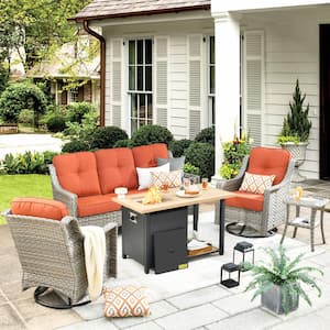 Tulip D Gray 5-Piece Wicker Patio Storage Fire Pit Conversation Set with Swivel Rocking Chairs and Orange Red Cushions