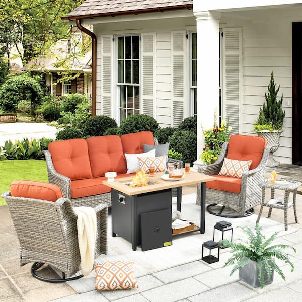 weaxty W Tulip D Gray 5-Piece Wicker Patio Storage Fire Pit Conversation Set with Swivel Rocking Chairs and Orange Red Cushions