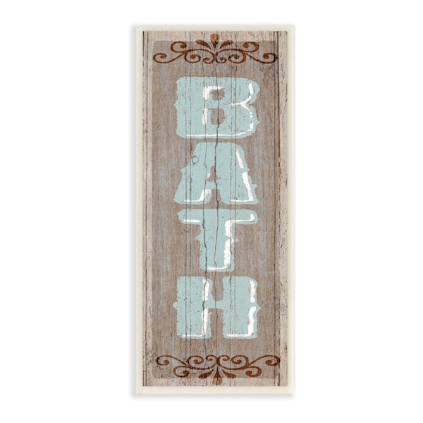Stupell Industries Rustic Bath Sign Blue Brown Bathroom by Art Licensing Studio Unframed Print Abstract Wall Art 7 in. x 17 in.