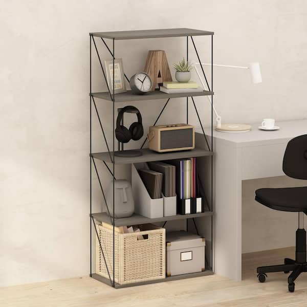 Rata 51.89 in. Tall French Oak Grey Wood 6-Shelf Flat Base Bookcase with Metal Frame