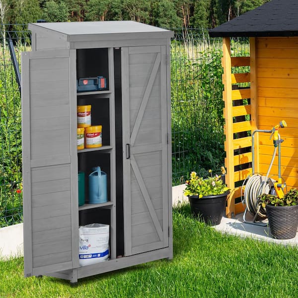 34 in. W x 21 in. D x 69 in. H Gray Wood Outdoor Storage Cabinet and Metal Top, Garden Storage Shed for Yard and Patio