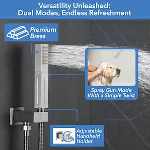 Single Handle 3-Spray Shower Faucet 1.8 GPM 10 in. Square Ceiling Mounted with Pressure Balance in Brushed Nickel &4-Jet