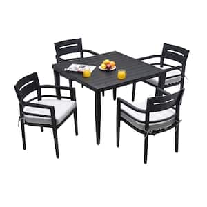 Black 5-Piece Aluminum Patio Outdoor Dining Set with 4 Chairs, White Fabric Cushions and Dining Table with Umbrella Hole