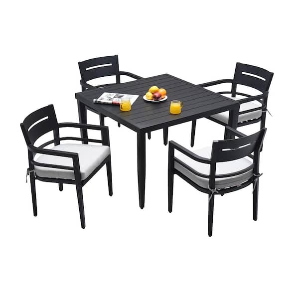 Unbranded Black 5-Piece Aluminum Patio Outdoor Dining Set with 4 Chairs, White Fabric Cushions and Dining Table with Umbrella Hole