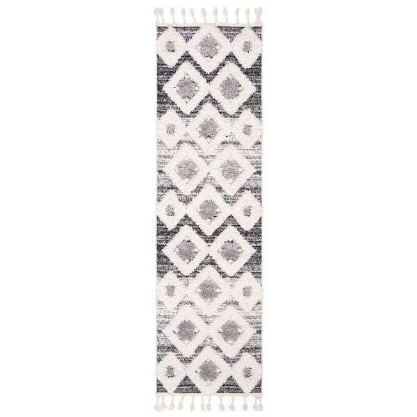 Moroccan Tassel Shag 2 ft. x 16 ft. Ivory/Gray High-Low Geometric Fringe Runner Rug