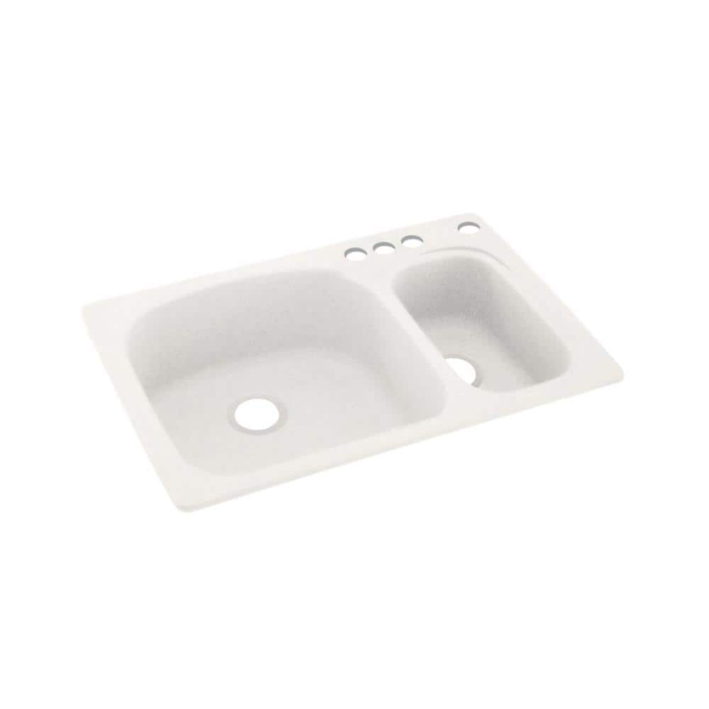 Swan Dual-Mount Solid Surface 33 in. x 22 in. 4-Hole 70/30 Double Bowl Kitchen Sink in Tahiti Ivory -  718426069036