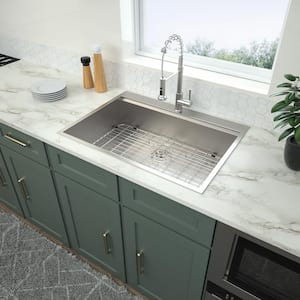 30 in. Drop-In Single Bowl 18 Gauge Brushed Nickel Stainless Steel Kitchen Sink with Bottom Grids