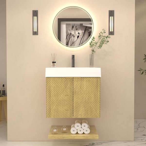 Stella 24 in. W x 20 in. D x 22 in. H Single Sink Teak Oak Bath Vanity with White Acrylic Top Floating Lower Shelf