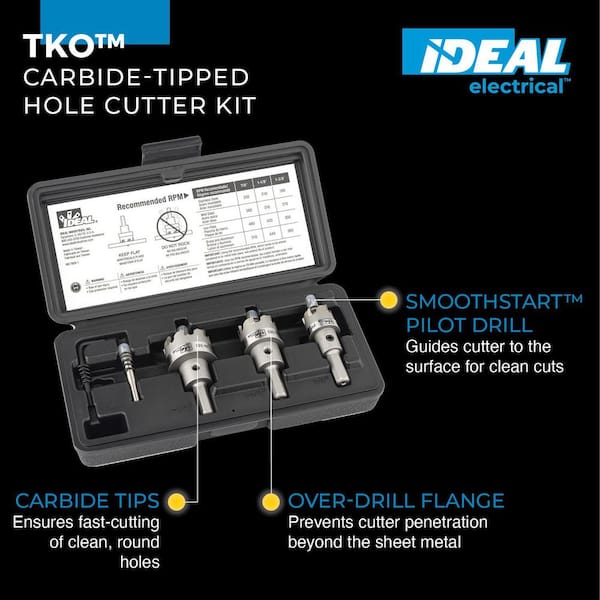 TKO Carbide-Tipped Hole Cutter - 4 Piece Kit-Includes: SmoothStart pilot bit, 7/8, 1-1/8, and 1-3/8 in. Cutter Heads