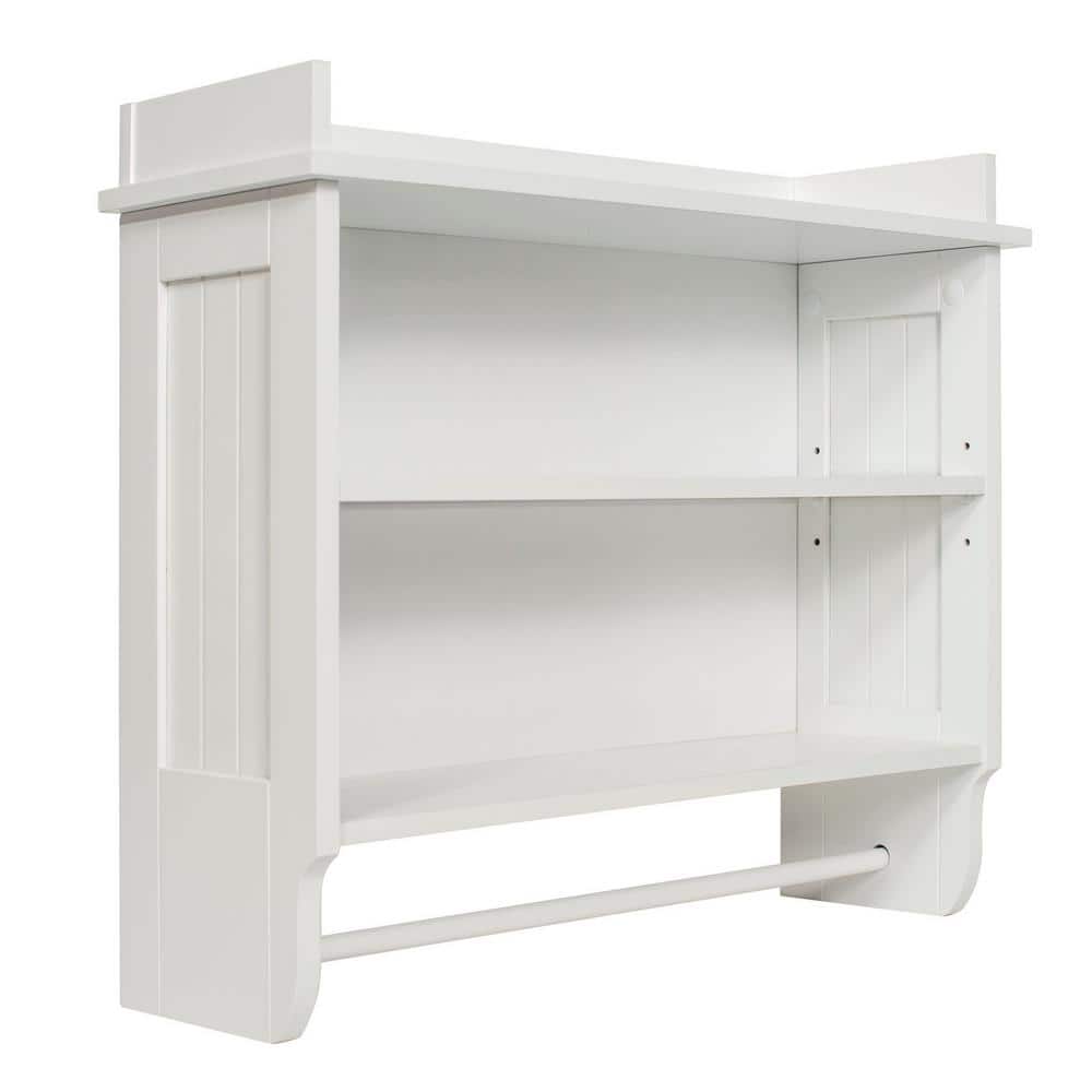 Elevated White Wooden Floating Wall Shelf with Towel Bar