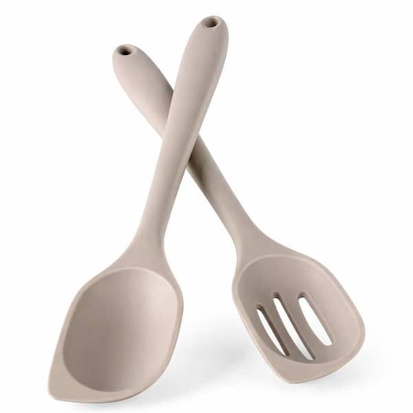 Heat Resistant Silicone Khaki Cooking Spoon Spatula Set with Solid and Slotted Spoons Nonstick Dishwasher Safe 2-Pieces