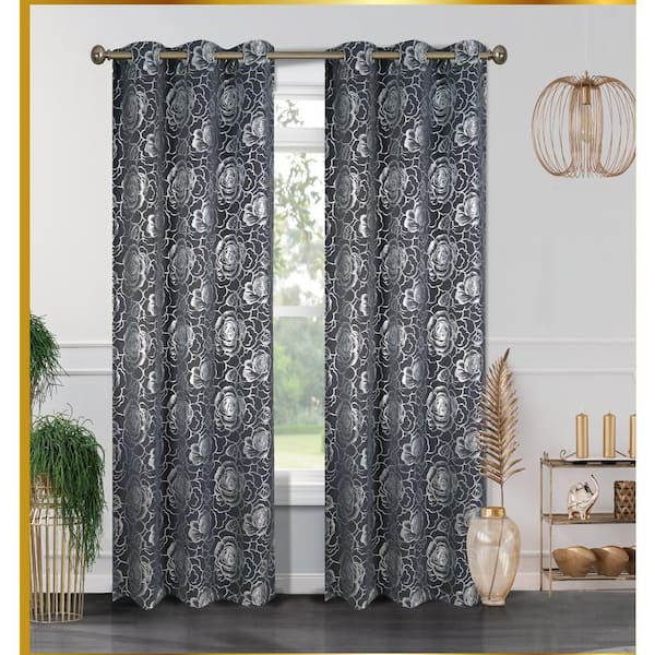J&V TEXTILES Benham Charcoal Floral Polyester Thermal 76 in. W x 84 in. L Grommet Blackout Curtain Panel (Set of 2)