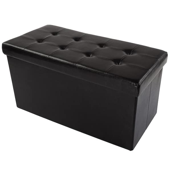 HOME-COMPLETE Black Faux Leather Storage Ottoman