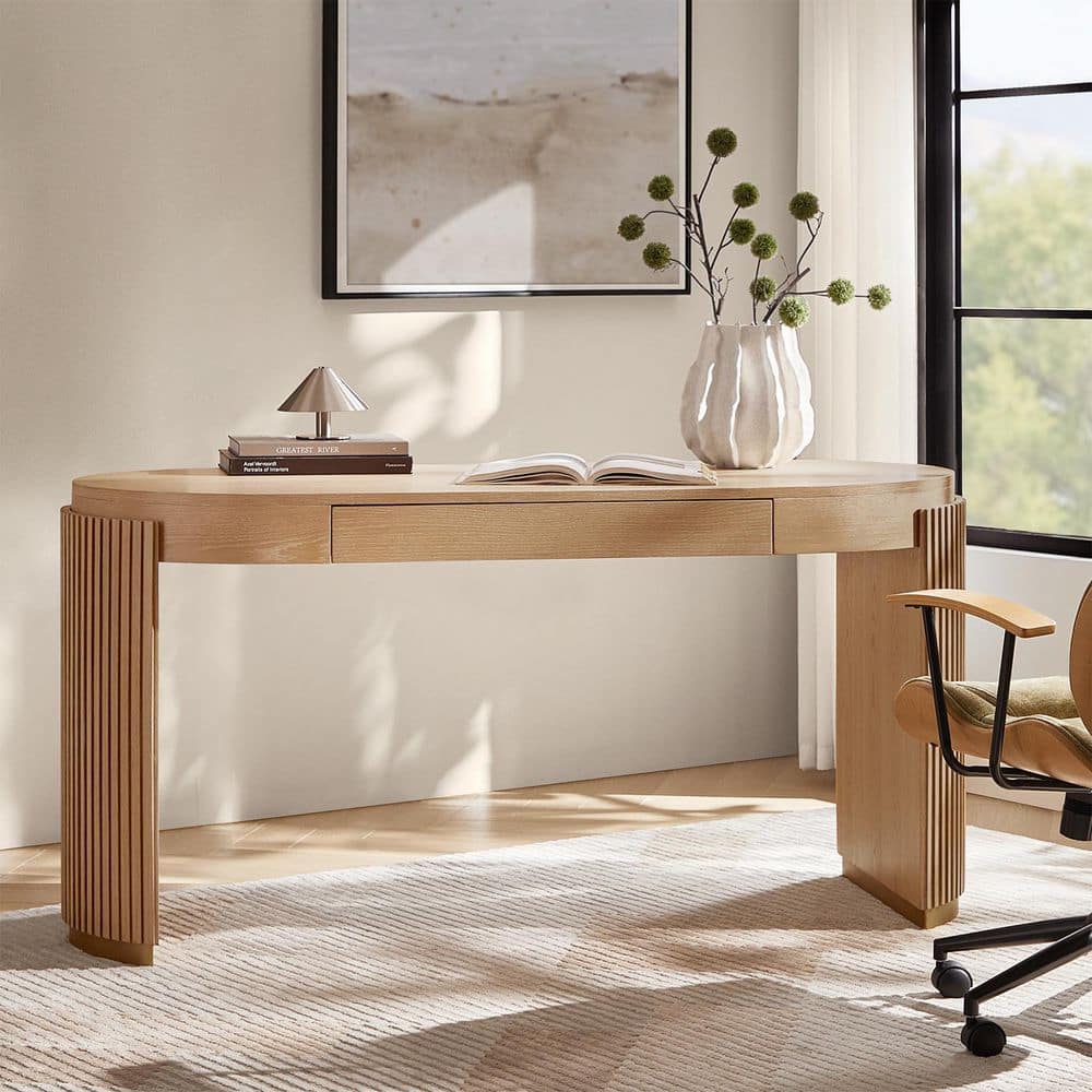 Cayetano 60 in. Oak Rectangular Writing Desk with Fluted Legs