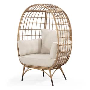 Yellow Wicker PE Rattan Chair Steel Frame Outdoor Patio Egg Chair with Beige Cushion for Patio, Living Room