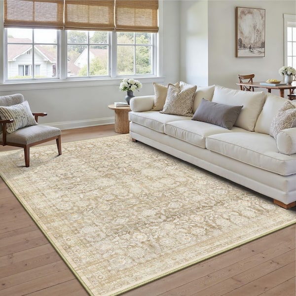 Solo 5 ft. X 7 ft. Beige Distressed Vintage Floral Area Rug