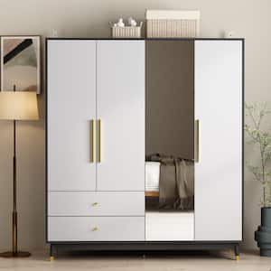 Black Frame, Light Gray Surface Wood Particle Board 63 in. Width Wardrobe with Mirrored Door, Hanging, Shelf and Drawer