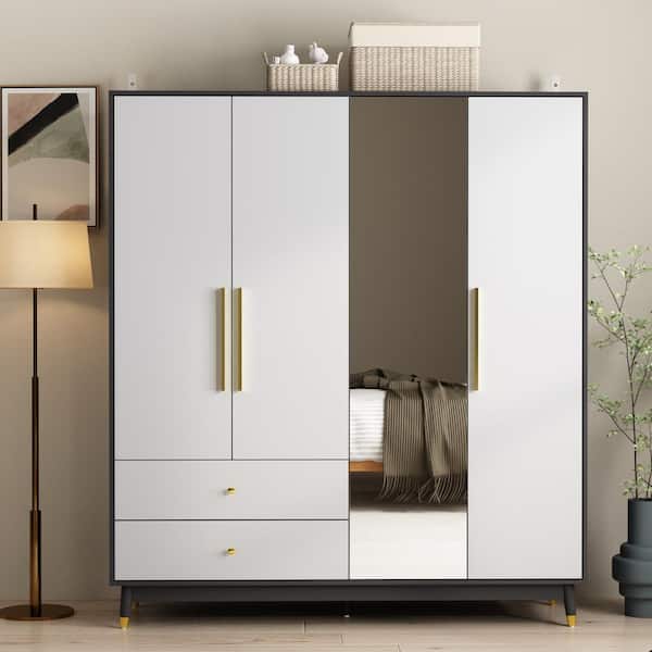 FUFU&GAGA Black Frame, Light Gray Surface Wood Particle Board 63 in. Width Wardrobe with Mirrored Door, Hanging, Shelf and Drawer