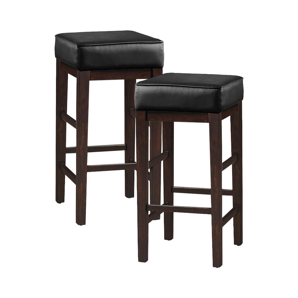 Black Faux Leather Espresso Wood Backless Bar Stools, 30.5" Set of 2