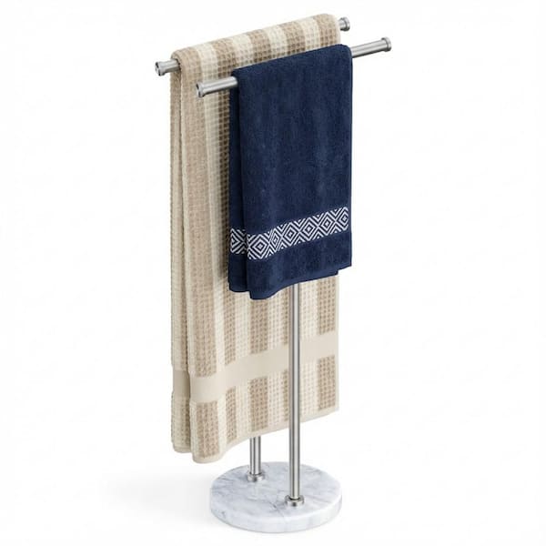 Free-Standing Double T-Shape 2-Bar Towel Rack with 10 lb Load Natural Marble Base in Brushed Stainless Steel