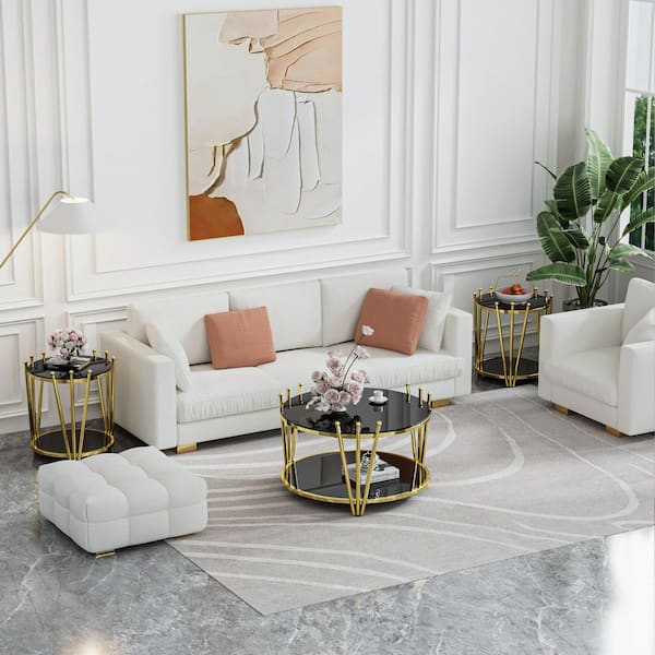 20 in. Black Round Glass Coffee Table with Gold Crown-Design Stainless Steel Legs, 2-Tier Tempered Coffee Table