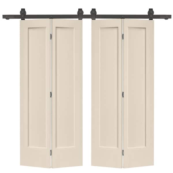 CALHOME 60 in. x 80 in. 1 Panel Shaker Beige Painted MDF Composite Double Bi-Fold Barn Door with Sliding Hardware Kit