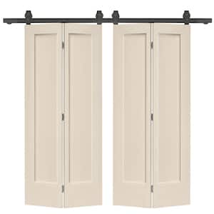 72 in. x 80 in. Hollow Core 1-Panel Beige MDF Composite Double Bi-Fold Barn Doors with Sliding Hardware Kit