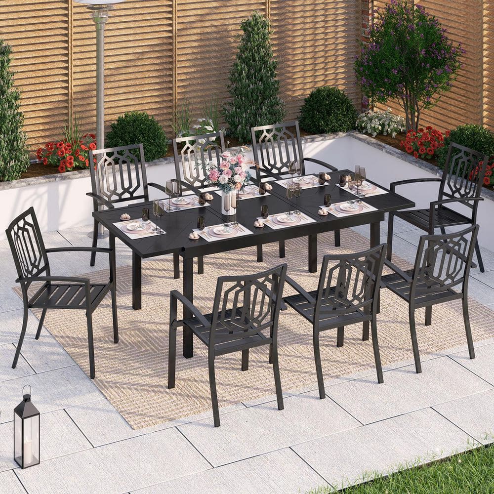 PHI VILLA Black 9Piece Metal Outdoor Patio Dining Set with Geometric