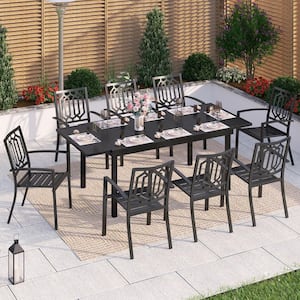 Black 9-Piece Metal Outdoor Patio Dining Set with Geometric Extendable Table and Fashion Stackable Chairs