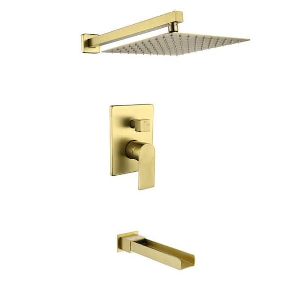 Single Handle 1-Spray Tub and Shower Faucet 1.8 GPM 10 in. Wall Mount Shower System with Valve Included in Brushed Gold