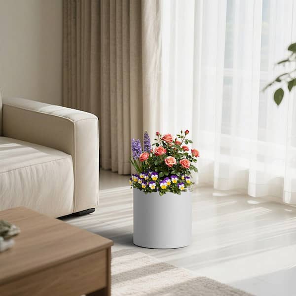 13 in. Medium Pearl White(Upgraded Interior) Concrete Tall Round Planter / Pot Cylindrical Planter with Drainage Hole