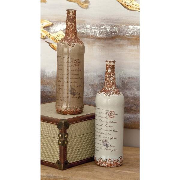 Litton Lane 12 in. Vintage Tan and Light Blue Bottle-Shaped Ceramic Decorative Vases (Set of 2)