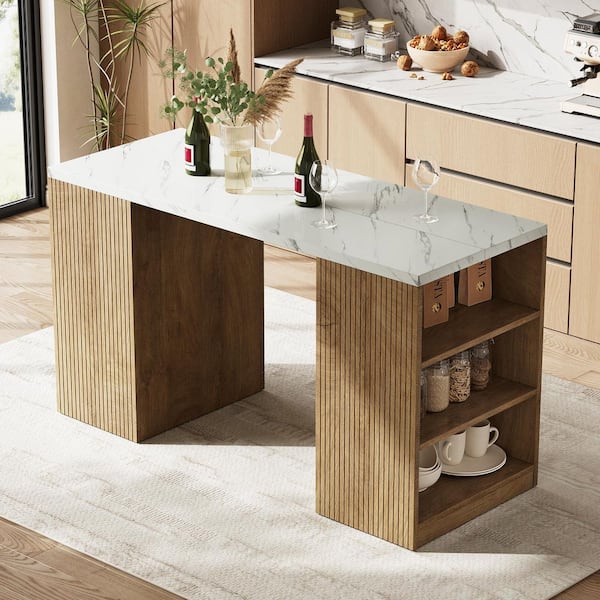 White Marble and Brown Wood 63 in. Kitchen Island, Rectangle Dining Table with 3-Tier Open Shelves for Kitchen Island