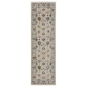 Hunter Ivory/Multi-Colored 2 ft. x 8 ft. Persian Floral Polyester Fringe-Edge Indoor Runner Area Rug