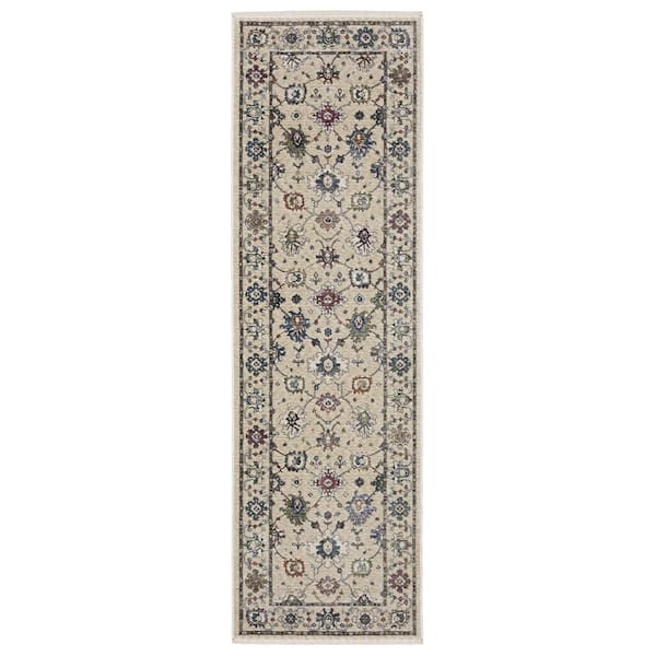 Hunter Ivory/Multi-Colored 2 ft. x 8 ft. Persian Floral Polyester Fringe-Edge Indoor Runner Area Rug