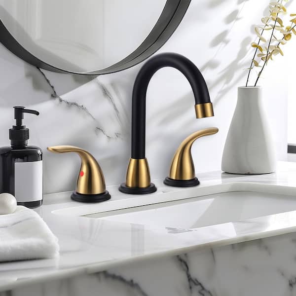 8 in. Widespread Double Handle Bathroom Faucet with Drain Kit Included in Gold and Black