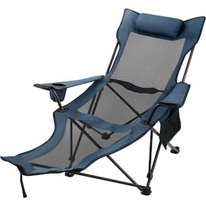 Folding Camp Chair with Footrest Mesh, Portable Lounge Chair with Cup Holder and Storage Bag, for Camping Fishing, Blue