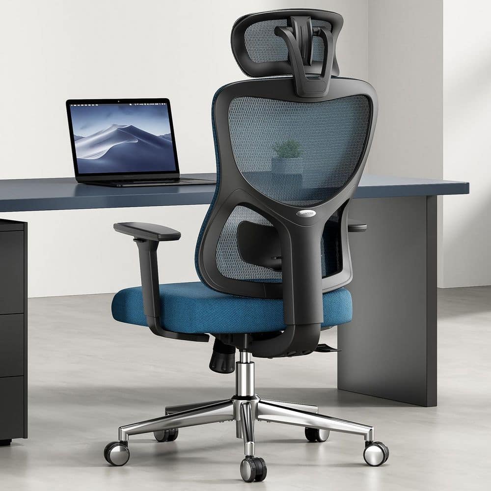 Mesh Fabric High Back Office Stool in Navy Ergonomic Desk Chair with Adjustable Headrest