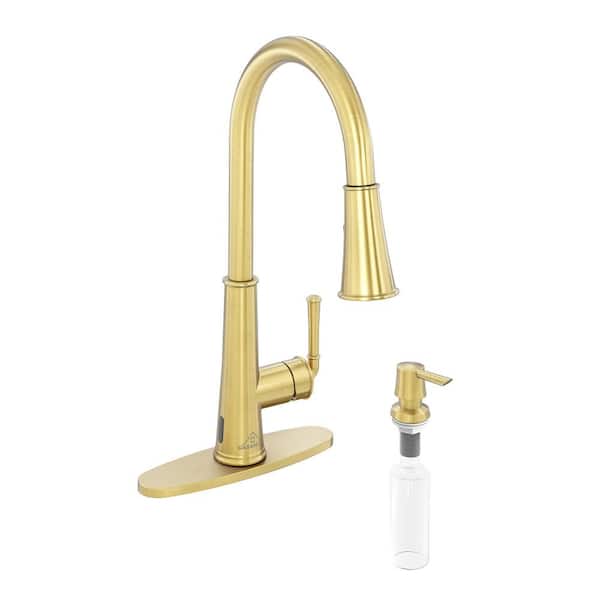 17.31 in. 360 Degree Spout Swivel Single Handle Pull Down Sprayer Kitchen Faucet with Soap Dispenser in Brushed Gold