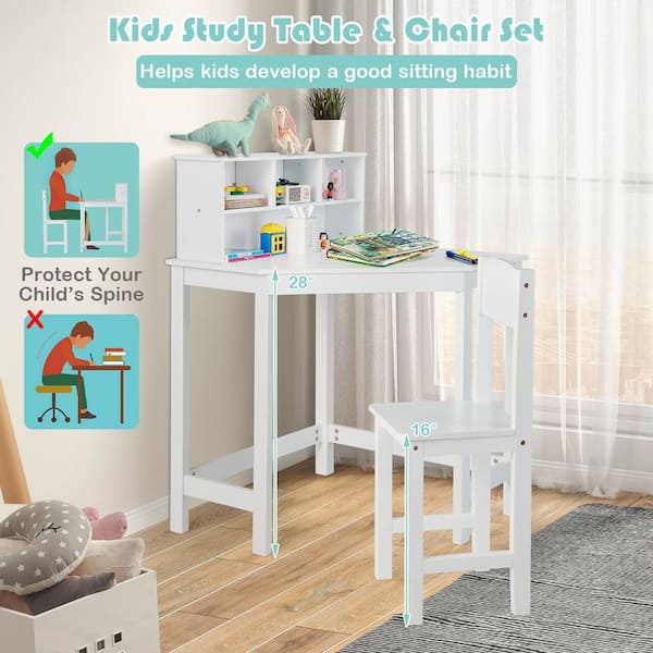 Costway 2-Piece Kids Wood Top White Corner Desk and Chair Set