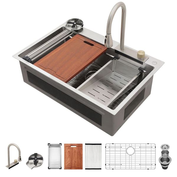 33 in. Drop-In Single Bowl 16 Gauge Brushed Nickel Stainless Steel Kitchen Sink with Faucet and Glass Rinser